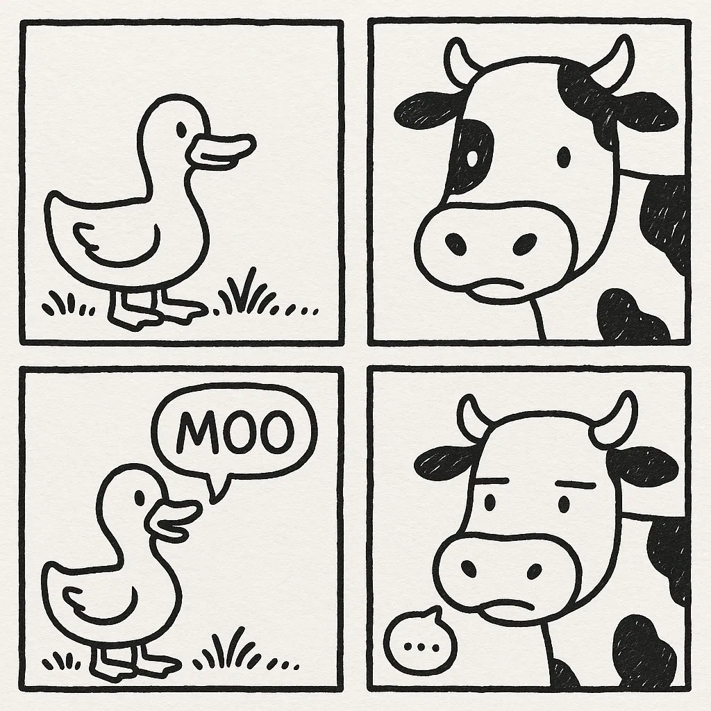 A cow and a duck